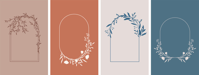 Elegant frames with hand drawn silhouettes of flowers and leaves, design templates in line style. Vector floral backgrounds for wedding invitation, greeting card, label, corporate identity. - obrazy, fototapety, plakaty