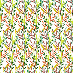 seamless pattern of autumn leaves and herbs on a white background