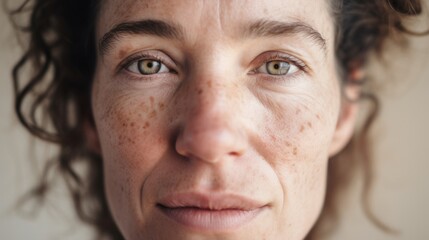 Imperfect skin becomes a focal point as a European woman poses against a beige backdrop.