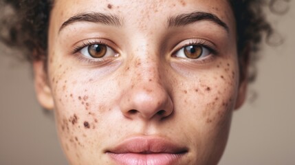 Imperfect skin becomes a focal point as a European woman poses against a beige backdrop.