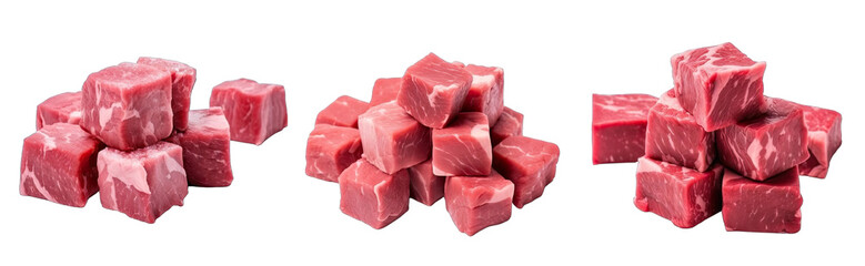 Collection of PNG. Cubes of raw beef meat isolated on a transparent background.