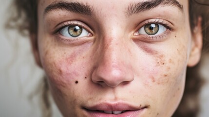 European lady confidently gazes at the camera, highlighting her flawed skin against a beige backdrop.