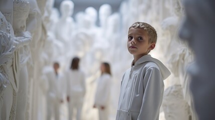 A Young Boy Admiring a Row of Elegant White Dresses