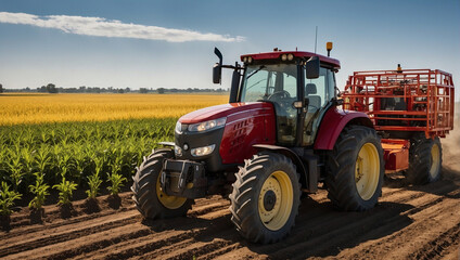 A modern red tractor working in the crops field.