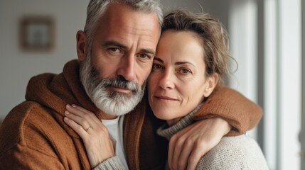 A touching moment captured at home with a European couple in their middle years.