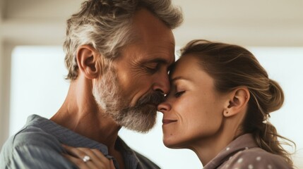 Fototapeta premium A sweet scene of a European couple in their embrace at home.