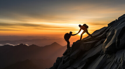 Silhouette photo of mountain climber helping his friend to reach the summit, showing teamwork, friendship, harmonious concept. - obrazy, fototapety, plakaty