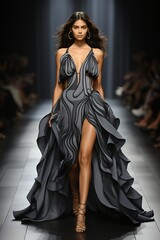 A runway filled with model showcasing the latest trends in haute couture at a glamorous Fashion...