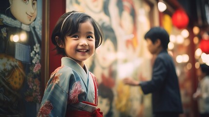 A Young Girl in a Kimono Admiring a Masterpiece - obrazy, fototapety, plakaty
