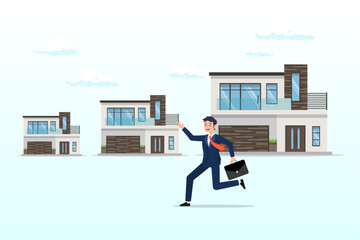 Businessman owner with arrow rising houses, house price rising, value increase graph for real estate, housing or property investment, sales and market price, rent or mortgage interest cost (Vector)