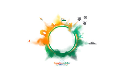 Vector illustration of india Republic day freedome celebration background. Parade of aircraft, tricolor smoke and india gate munnaments. - obrazy, fototapety, plakaty