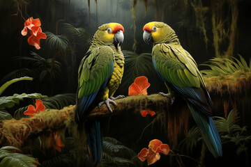 Obraz premium parrots in the rainforest, realistic painting in vintage style