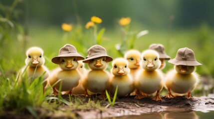 A group of little ducks wearing hats in the grass. Generative AI. - obrazy, fototapety, plakaty