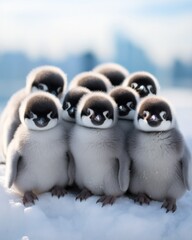 A group of penguins sitting on top of a snow covered ground. Generative AI.