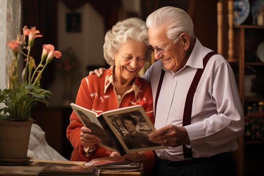 elderly couple looking at a photoalbum indoor