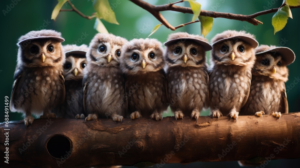 Poster a group of owls sitting on top of a tree branch. generative ai.