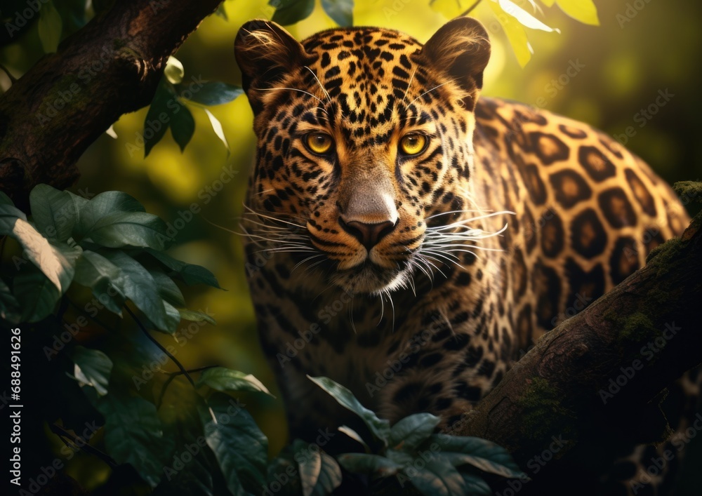 Poster a close up of a leopard in a tree. generative ai.