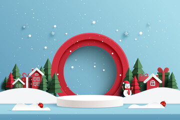 Merry Christmas and Happy new year background. White podium in Red circle decorated with christmas tree, Snowman and Red House. Paper art vector illustration.