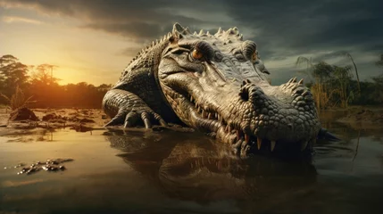 Foto op Plexiglas A large alligator laying in a body of water. Generative AI. © serg3d