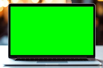 Foto op Plexiglas A laptop with a green screen on a table. Generative AI. © serg3d