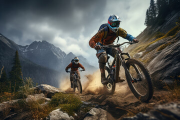 Naklejka premium Extreme sports enthusiasts conquering challenging terrain on mountain bikes, reflecting the thrill of adventure. Generative Ai.