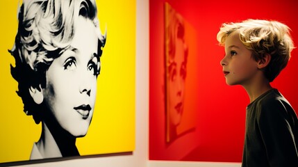 Obraz premium A Young Boy Admiring a Portrait of a Woman
