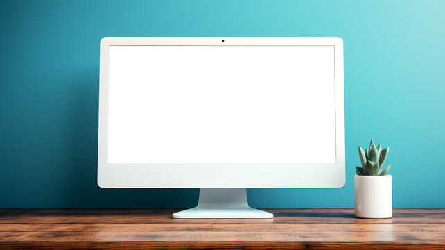 Blank white display screen mockup. Modern monitor template with Copy space. Isolated on solid background.