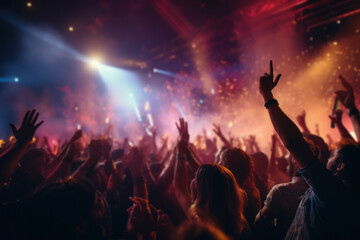 A high-energy music concert with performers and fans immersed in the excitement of live music....