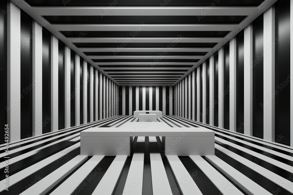 Poster a minimalist black and white design, featuring geometric patterns and open space for customizable te