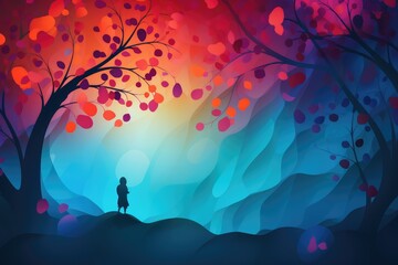 Silhouette of a girl on the background of a beautiful autumn forest. Abstract background for February: Creative Romance Month  - obrazy, fototapety, plakaty