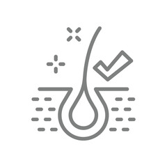 Healthy hair and scalp icon. Line vector symbol with checkmark.