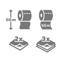Toilet paper roll length and 2 and 3 layers vector icon set. 50 meters layered long roll paper icons.