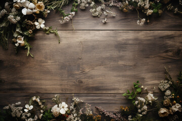 A rustic wood and floral template, creating a charming aesthetic for rustic wedding invitations or event announcements. Generative Ai.