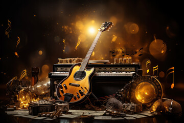 A music-themed template with musical notes and instruments, suitable for concert announcements or...