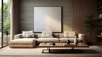 Living room interior design with wooden walls, poster, sofa and wooden table. Created with Ai