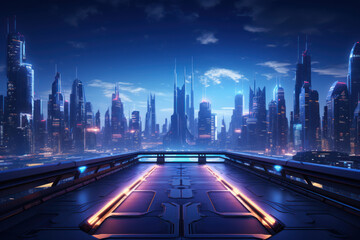 A futuristic cityscape template with neon lights, offering a visually striking background for urban concepts. Generative Ai.