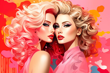 Naklejka premium Female lesbian friend hug. Women embracing each other, expressing love, affection, support. Illustration for friendship