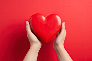 Hands Holding a Red Heart on a Red Background.  Valentine's Day, Birthday, Mother's Day.