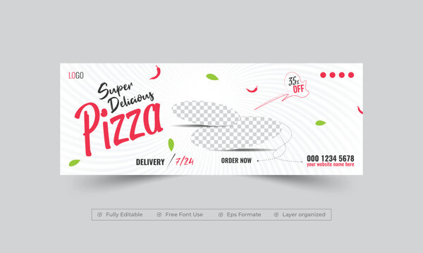 Super delicious pizza social media facebook cover design, Professional colorful food menu cover banner template