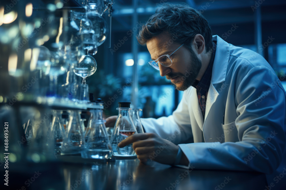 Poster a scientist conducting experiments in a laboratory, emphasizing the pursuit of knowledge and advance