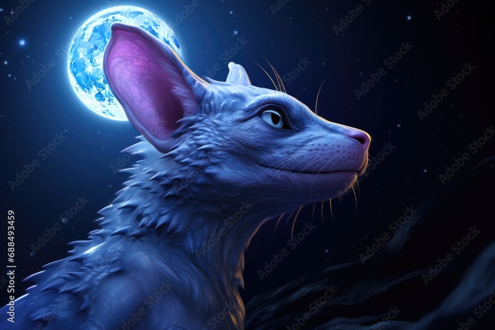 Poster a close up of a weird cat with a moon in the background. generative ai.