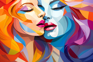 Female lesbian friend hug. Women embracing each other, expressing love, affection, support. Illustration for friendship