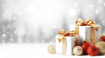 Glistening Silver Gift Wrapped with a Bow, Adorned with Red Christmas Balls and Golden Confetti