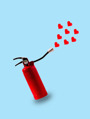 Cute greeting card for st. Valentine's day with fire extinguisher and flying hearts on blue...