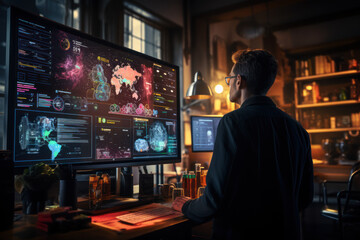 Fototapeta premium A researcher analyzing data in a scientific setting, showcasing the meticulous approach to data-driven discoveries. Generative Ai.