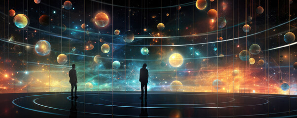 Person silhouette against stars or planet unicerse background. Future distance concept