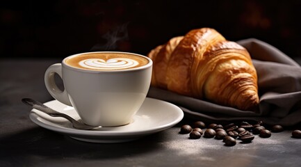 Cup of cappuccino and croissant for breakfast
