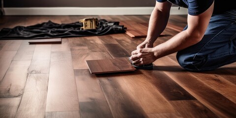 Male construction worker installing laminate timber flooring in new flat. Home renovation concept.