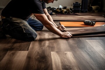 Male construction worker installing laminate timber flooring in new flat. Home renovation concept. - obrazy, fototapety, plakaty