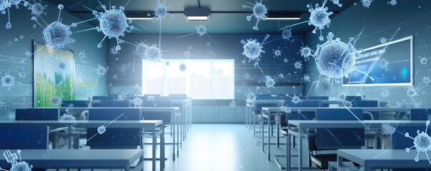 Empty classroom with flying bacteries around.
